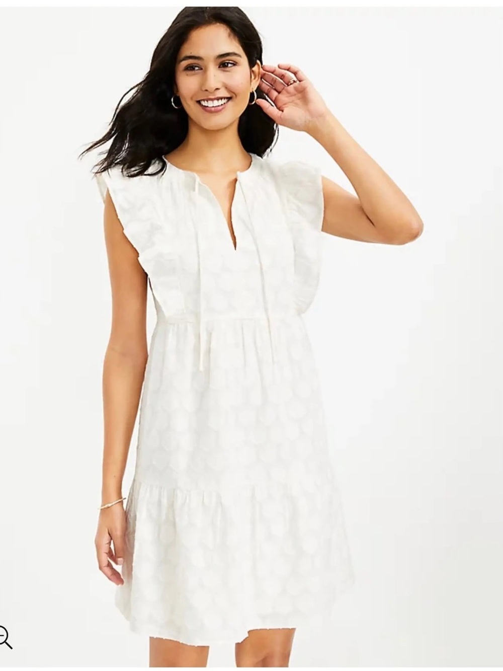 LOFT Shimmer Clip Ruffle Tie Neck Dress Sz M
